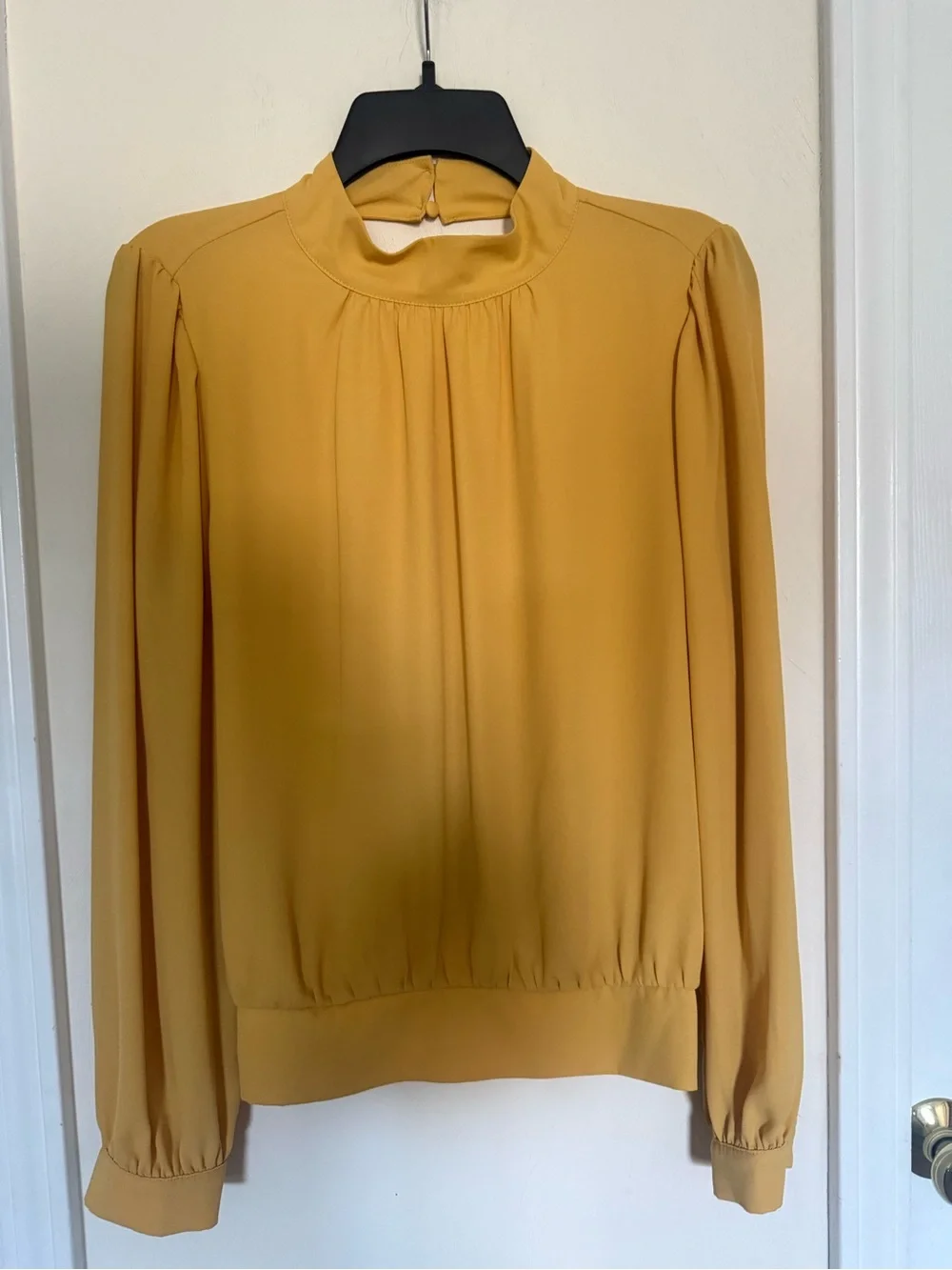 LOFT Mustard High-Neck Blouse with Gathered Details
